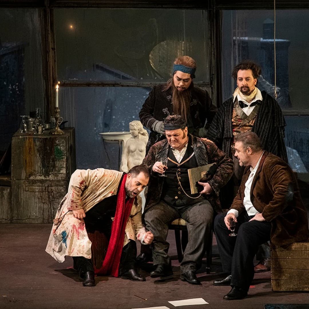Joseph Calleja as Rodolfo, Joel Allison as Schaunard, Markus Brück as Marcello, Byung Gil Kim as Colline, Jörg Schörner as Benoit
